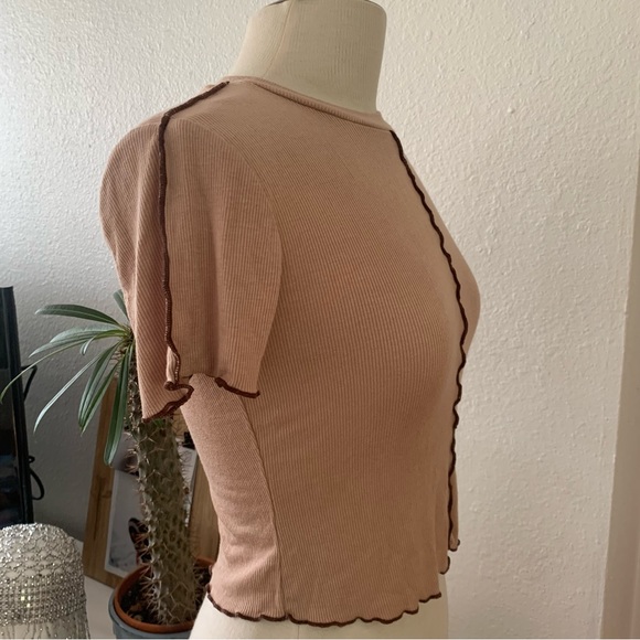 Self Esteem Tan and brown Short sleeve cropped top; lightweight ribbed texture - Picture 7 of 8